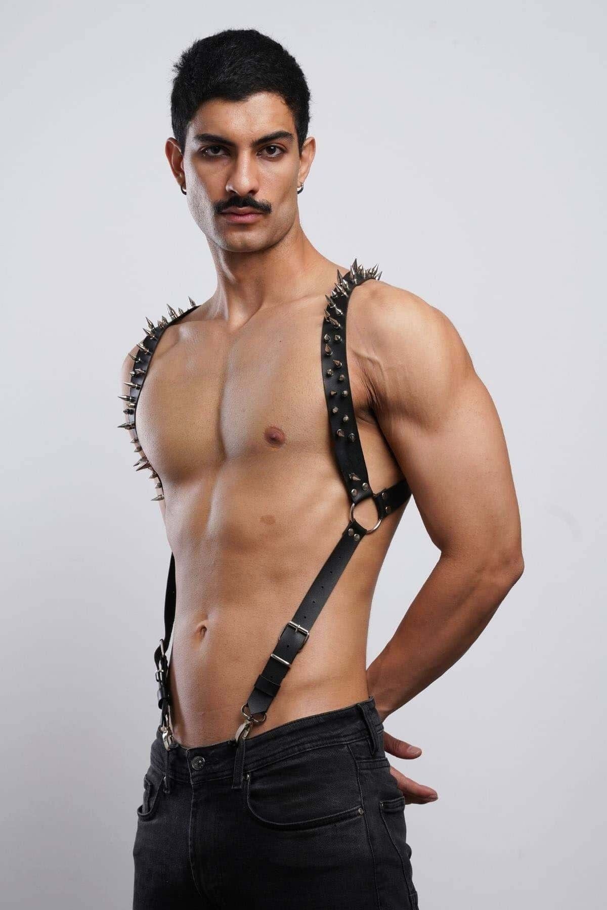 Men’s Spiked Leather Chest Harness, Adjustable Punk Shoulder Straps & Waist Suspender