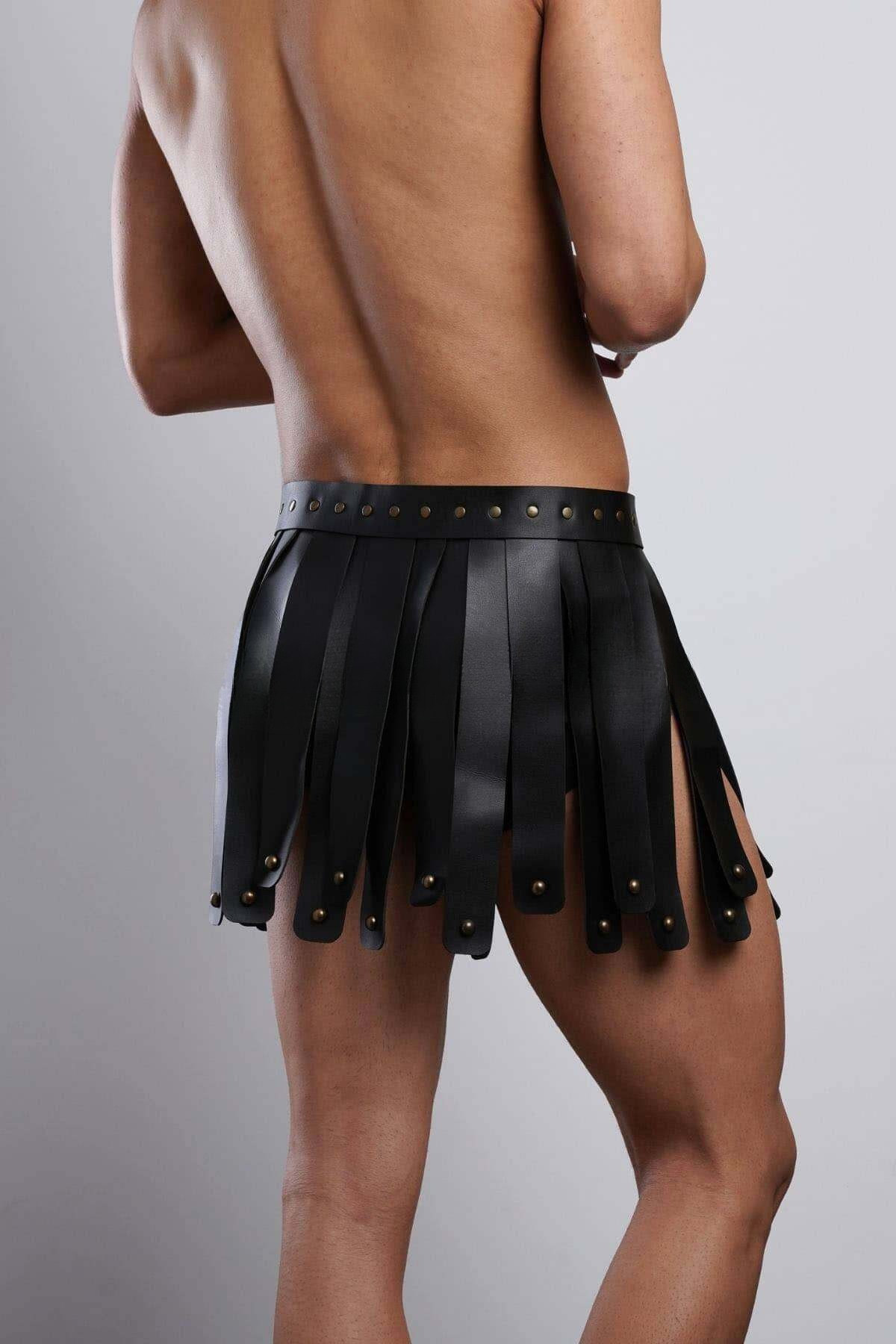 Men's Fringe Gladiator Skirt, Leather Kilt (Black / Red, S/M–4XL/5XL), Cruelty-Free Men’s Festival & Stage Skirt