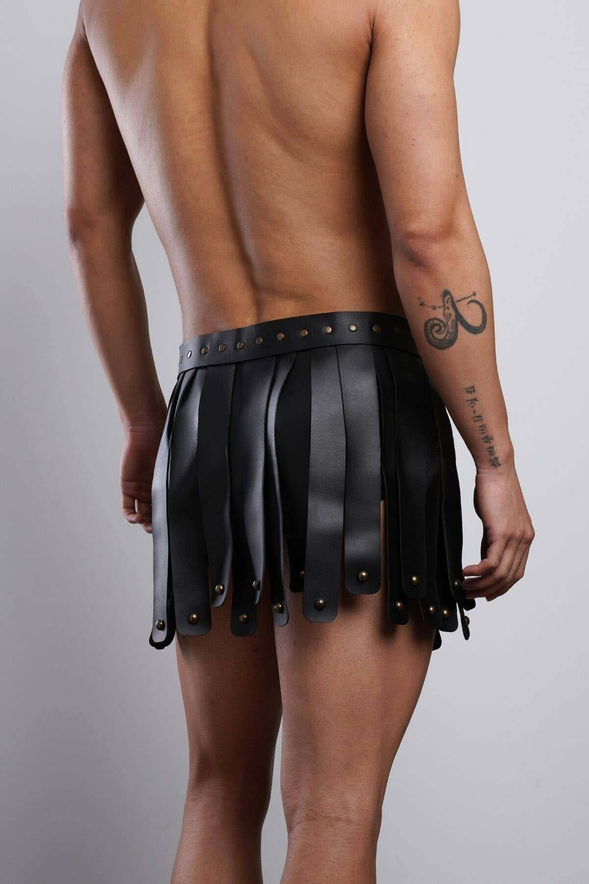 Men's Fringe Gladiator Skirt, Leather Kilt (Black / Red, S/M–4XL/5XL), Cruelty-Free Men’s Festival & Stage Skirt