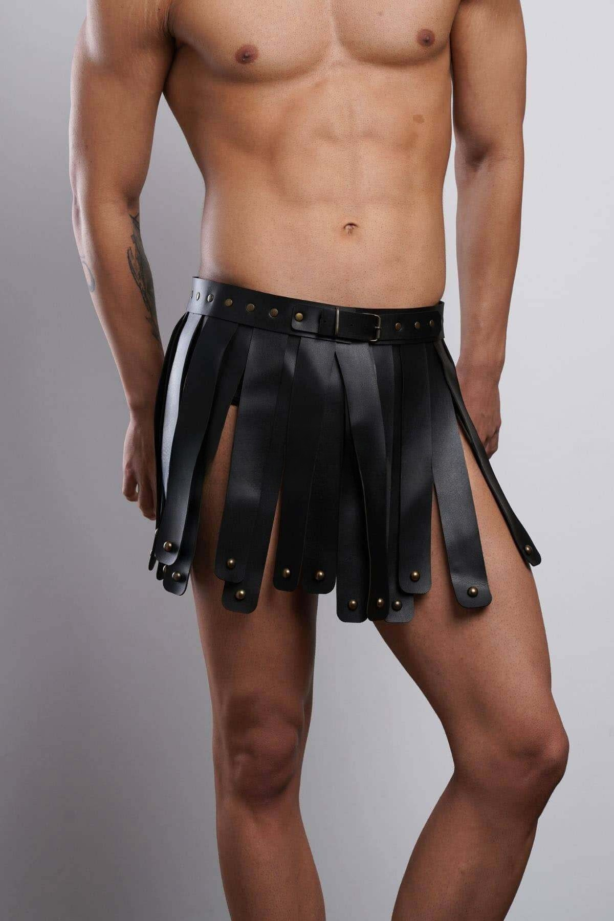 Men's Fringe Gladiator Skirt, Leather Kilt (Black / Red, S/M–4XL/5XL), Cruelty-Free Men’s Festival & Stage Skirt