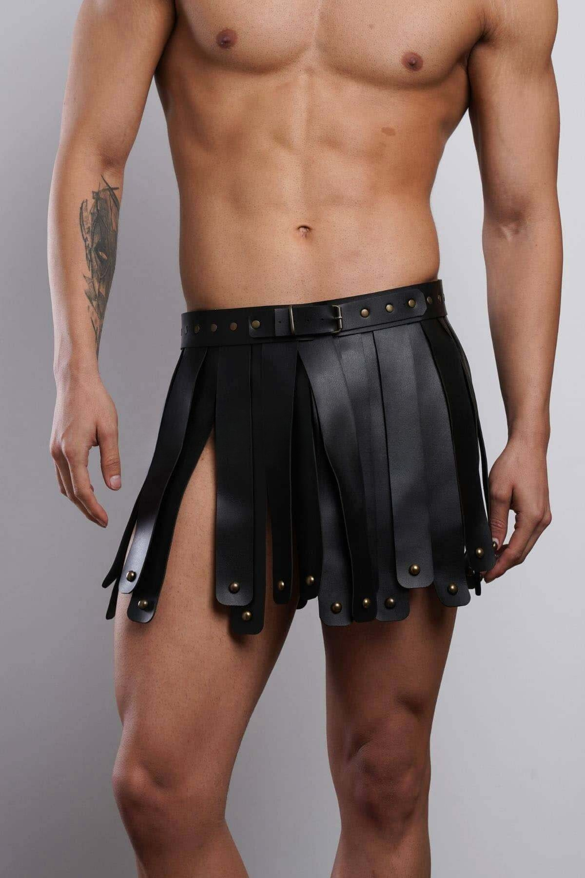 Men's Fringe Gladiator Skirt, Leather Kilt (Black / Red, S/M–4XL/5XL), Cruelty-Free Men’s Festival & Stage Skirt