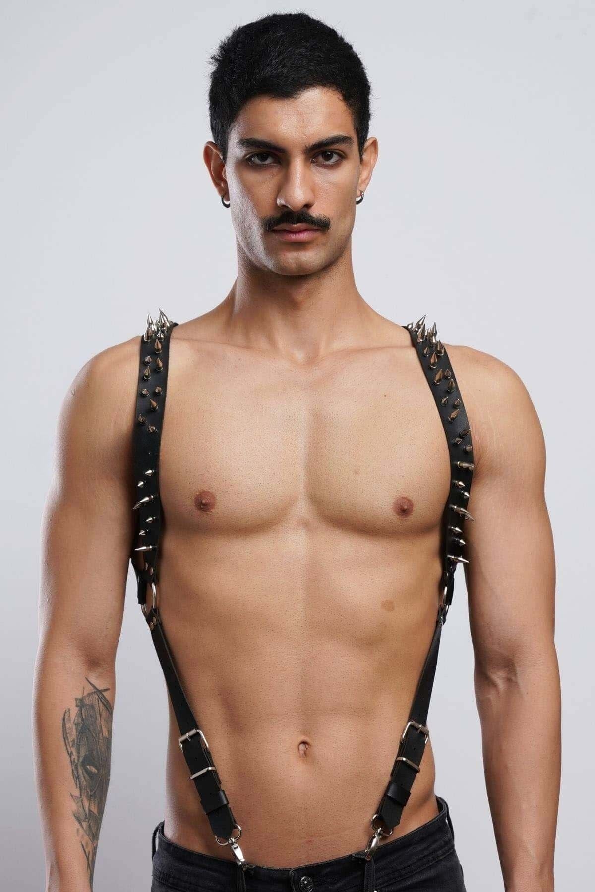 Men’s Spiked Leather Chest Harness, Adjustable Punk Shoulder Straps & Waist Suspender
