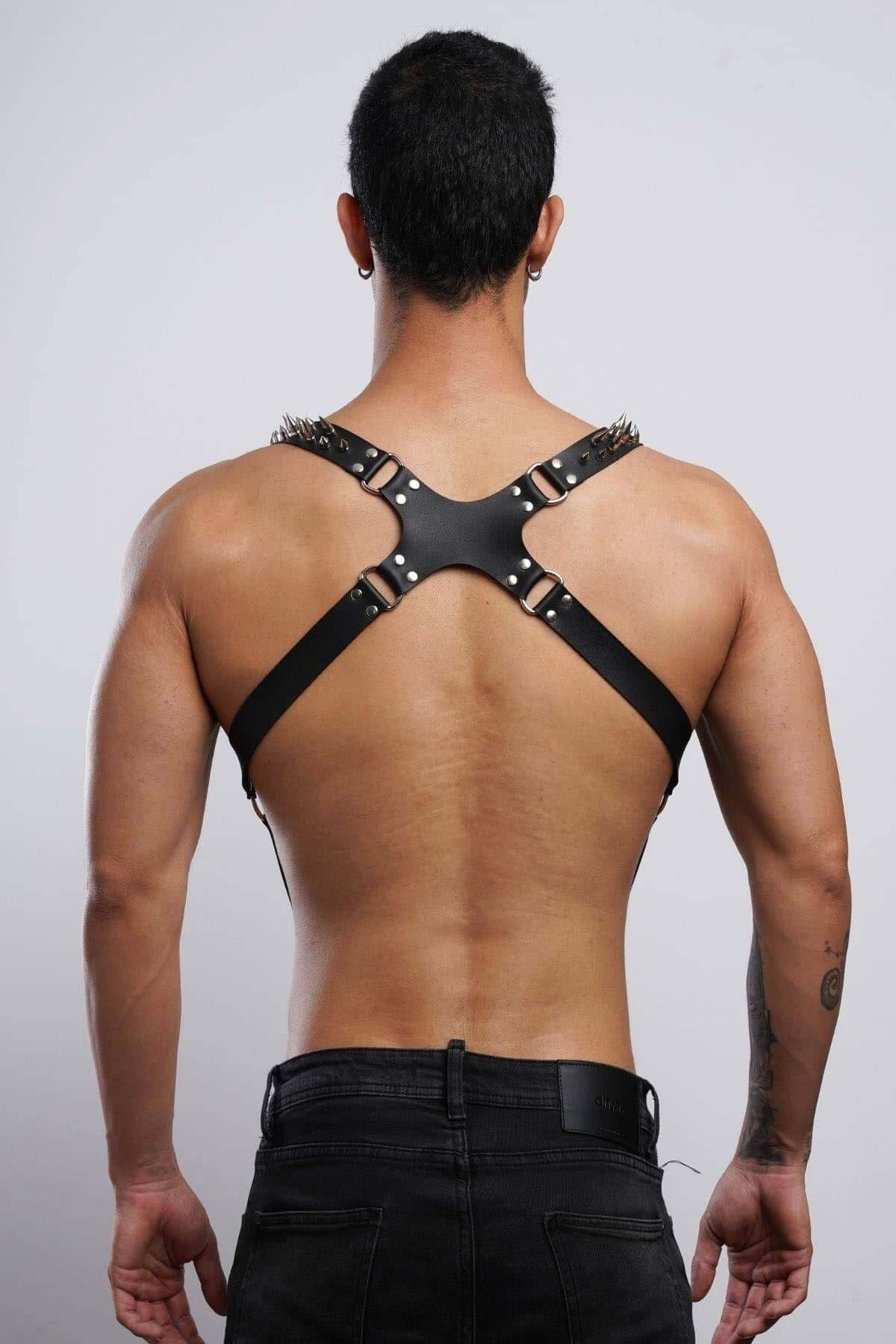 Men’s Spiked Leather Chest Harness, Adjustable Punk Shoulder Straps & Waist Suspender