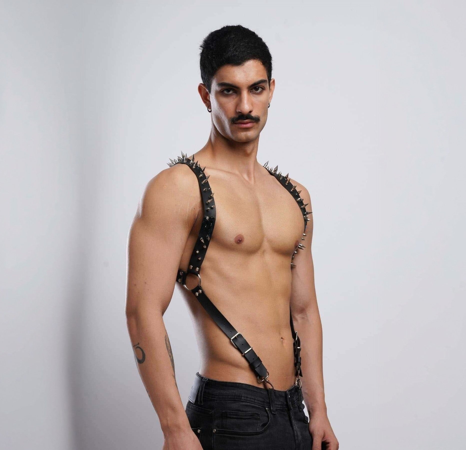 Men’s Spiked Leather Chest Harness, Adjustable Punk Shoulder Straps & Waist Suspender