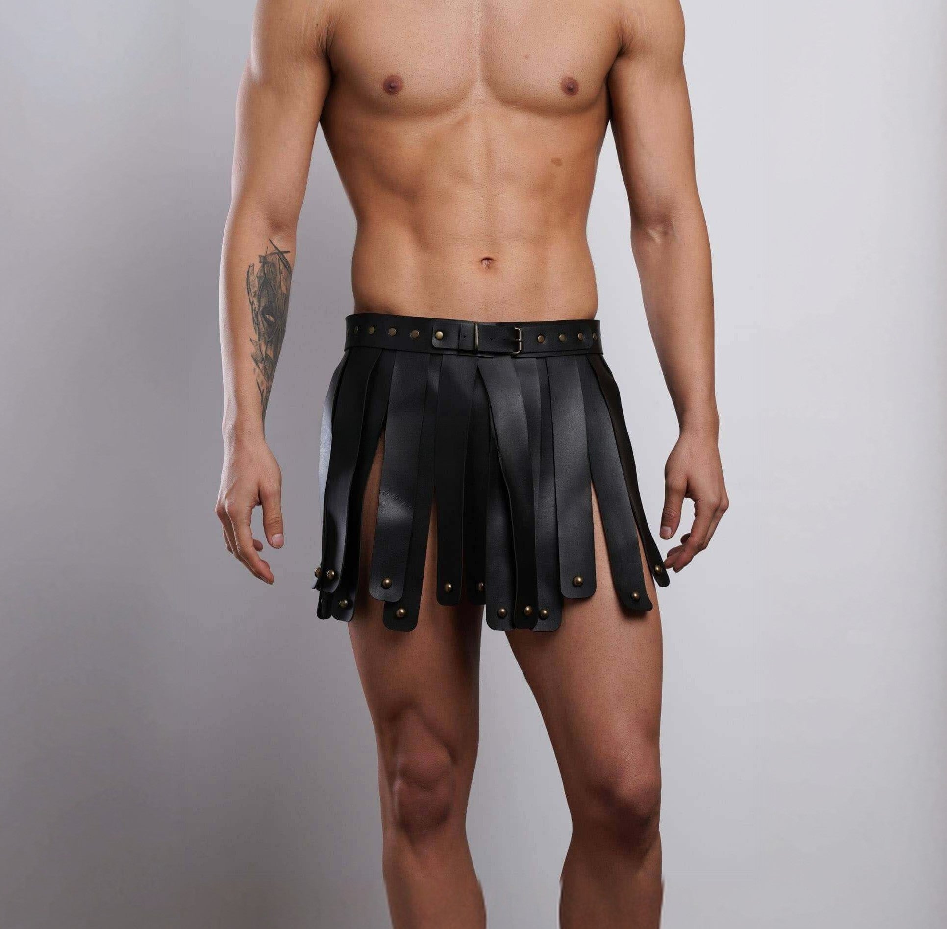 Men's Fringe Gladiator Skirt, Leather Kilt (Black / Red, S/M–4XL/5XL), Cruelty-Free Men’s Festival & Stage Skirt