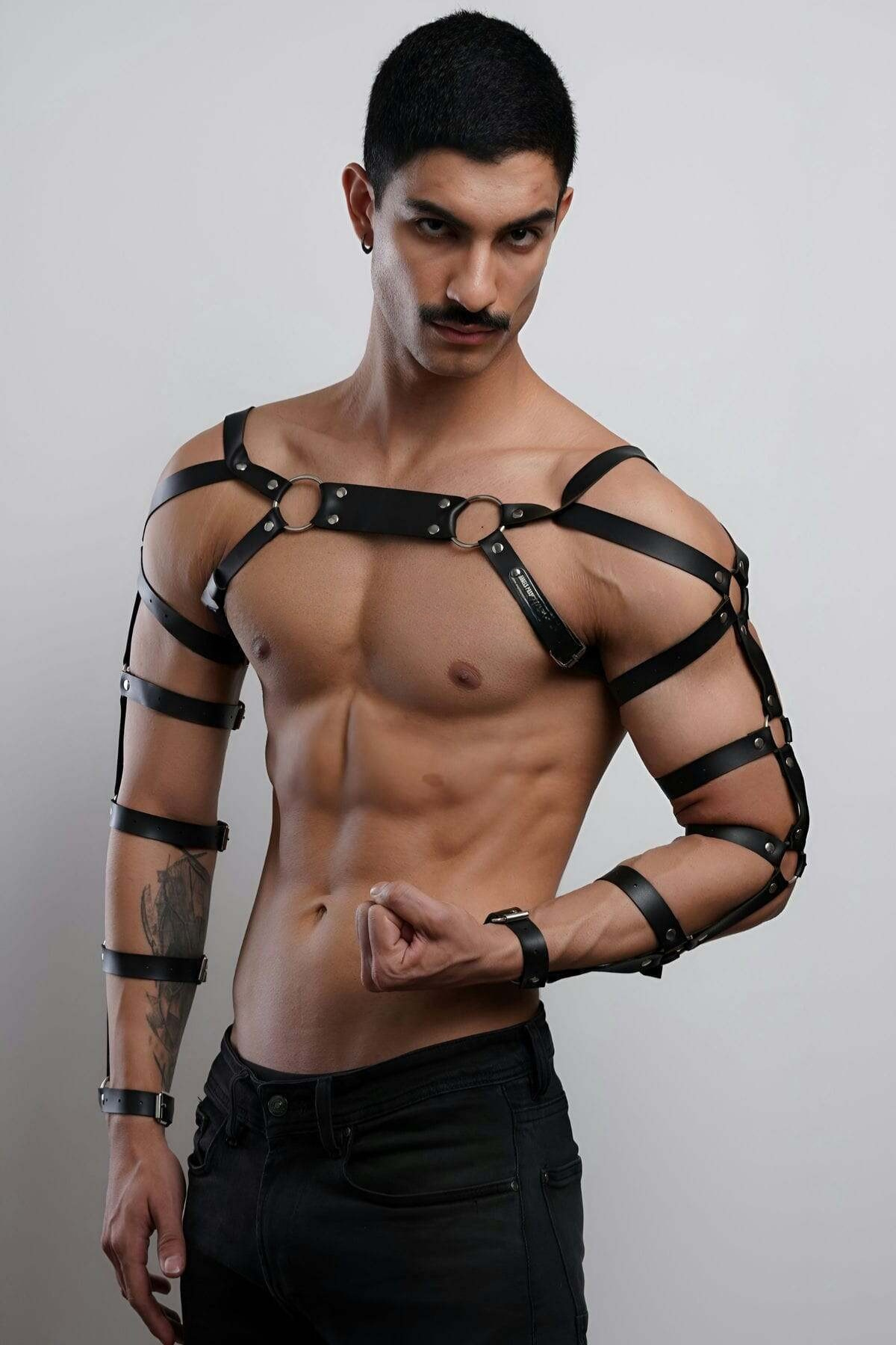 Men Leather Arm & Chest Harness, Sculpted Cage Bodice