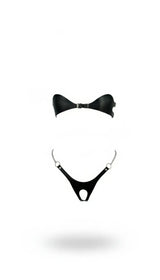 Crotchless Tanga & Bust Overlay Set, Adjustable, Open-Crotch Thong Bodypiece with Chain, Leather Lingerie Set