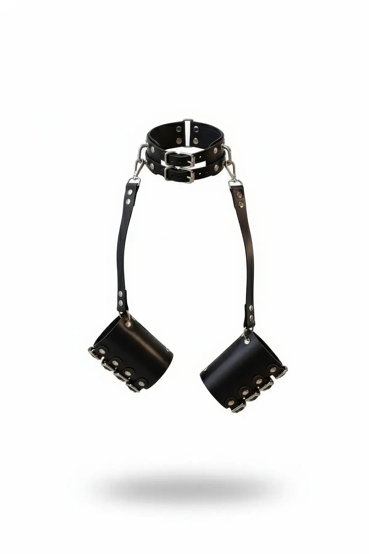 Noir Buckle Collar & Cuff Set, Leather Neckpiece with Buckled Wrist Cuffs