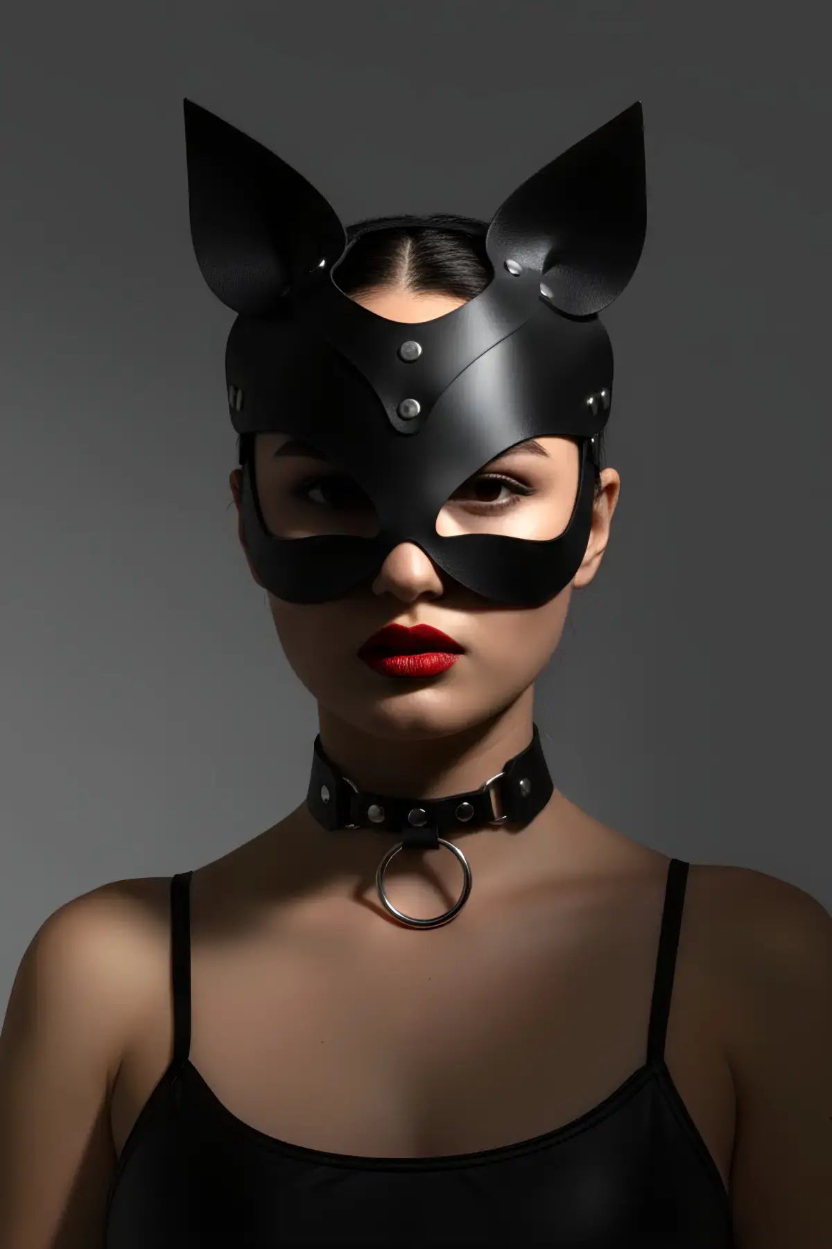 Cat-Ear Leather Mask & O-Ring Choker Set, Masquerade Kitty Mask-Choker