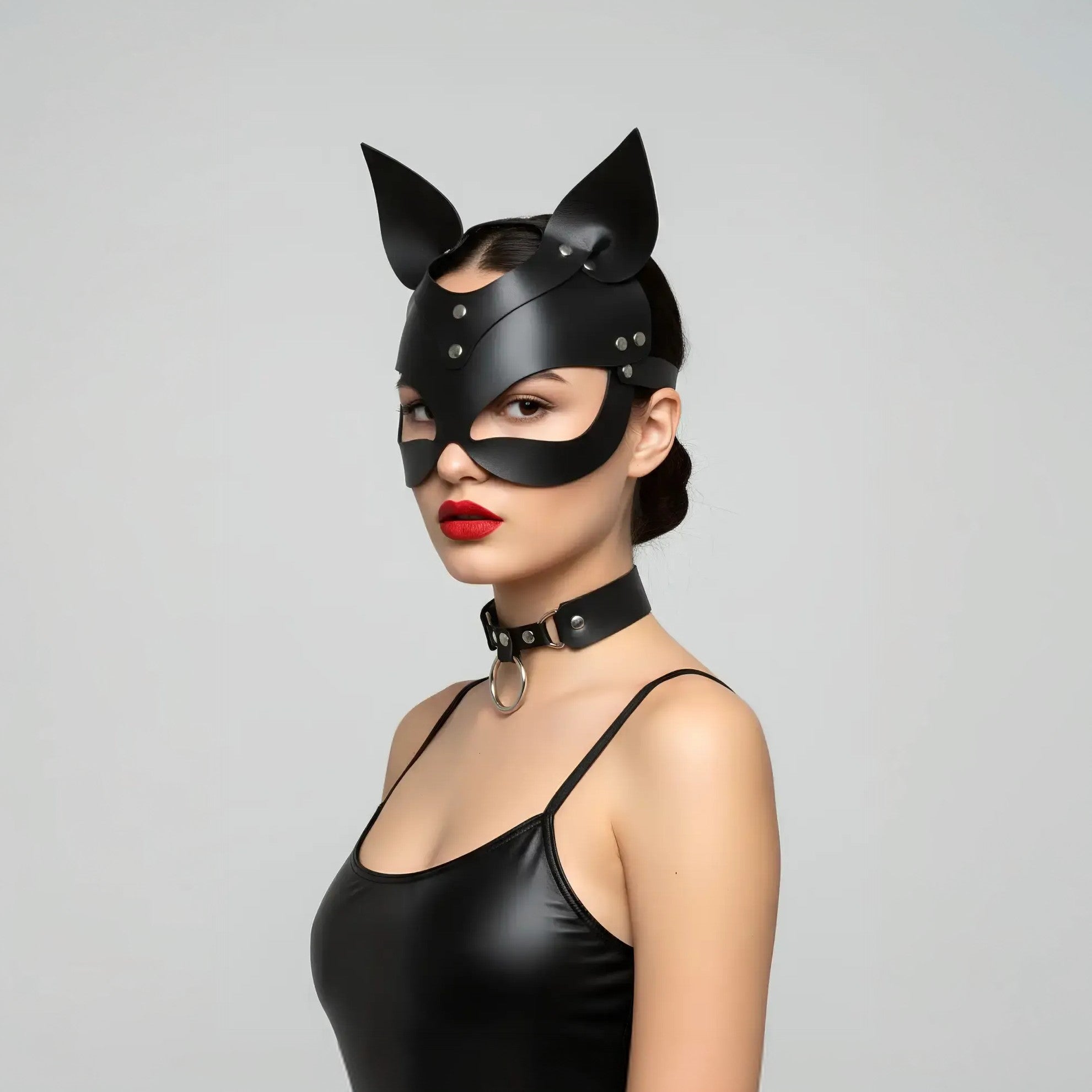 Cat-Ear Leather Mask & O-Ring Choker Set, Masquerade Kitty Mask-Choker