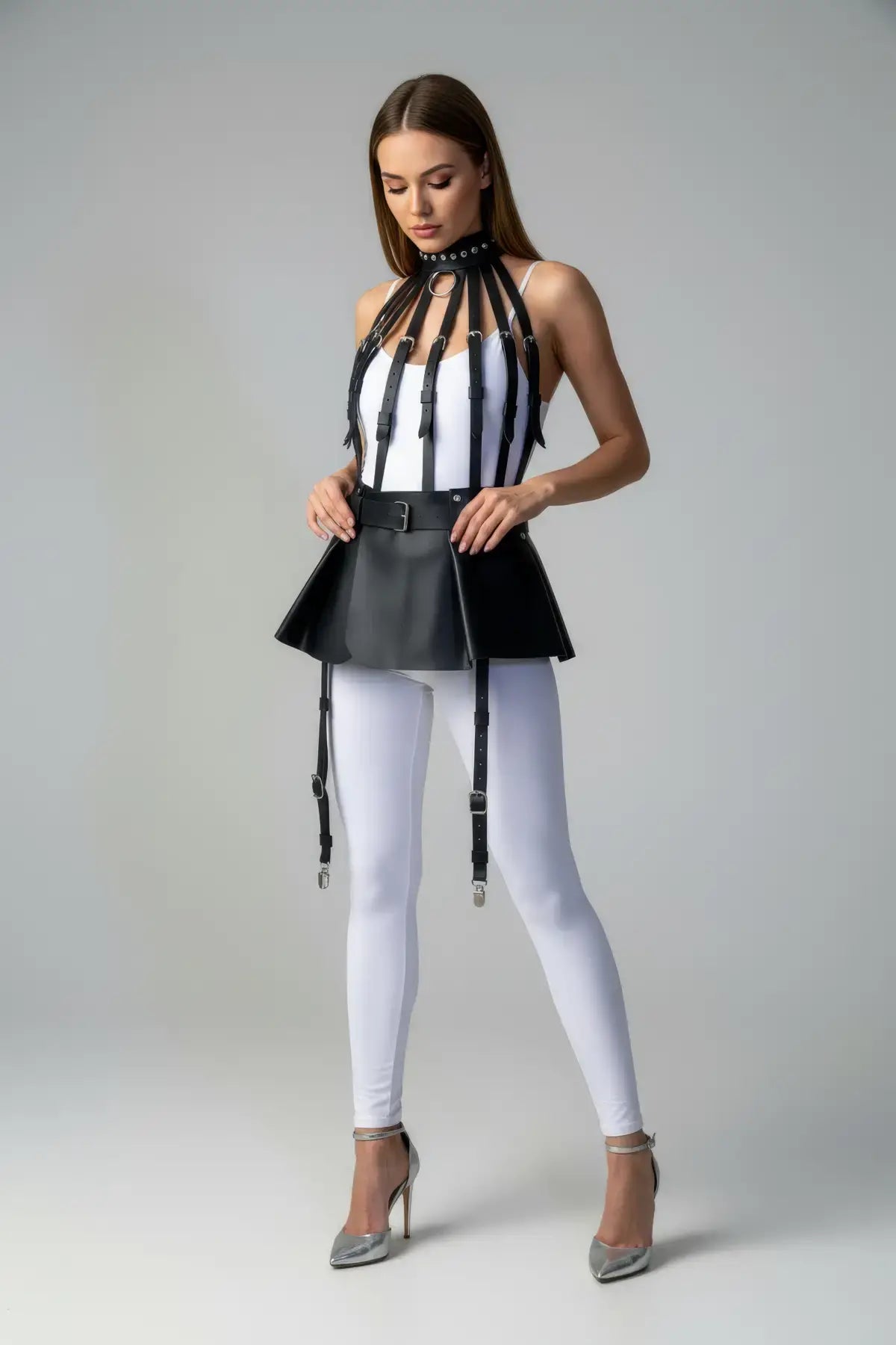 Adjustable High-Waist Caged Harness Pleated Mini Skirt