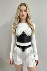 Chain Fringe Hip Belt & Underbust Chest Harness, Faux Leather Tassel Skirt, Festival Rave Wear