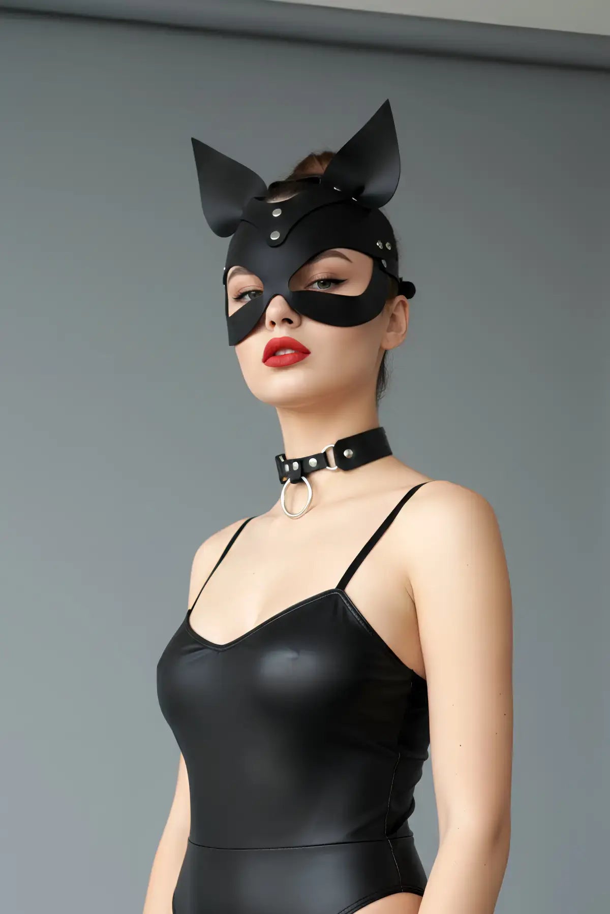 Cat-Ear Leather Mask & O-Ring Choker Set, Masquerade Kitty Mask-Choker