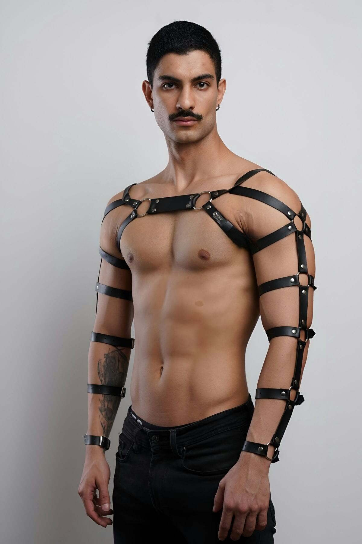 Men Leather Arm & Chest Harness, Sculpted Cage Bodice