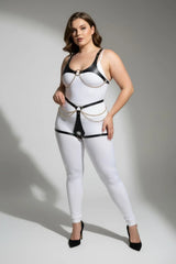 Chain-Trim Vegan Leather Lingerie Set – Open Bust Chest Harness with Open Crotched Panties