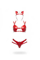 Leather Tanga and Bustier Set with Kitty Ears, Crotchless Leather-Look Thong & Sculpted Bustier