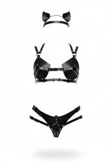 Leather Tanga and Bustier Set with Kitty Ears, Crotchless Leather-Look Thong & Sculpted Bustier