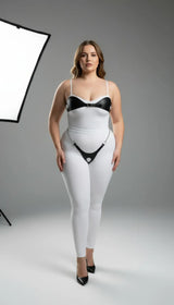 Crotchless Tanga & Bust Overlay Set, Adjustable, Open-Crotch Thong Bodypiece with Chain, Leather Lingerie Set