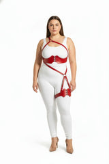 Sculpted Chest Overlay & Asymmetric Waist Set, Vegan Leather Bust Top with Thigh Harness