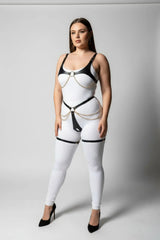 Chain-Trim Vegan Leather Lingerie Set – Open Bust Chest Harness with Open Crotched Panties