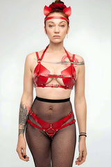 Leather Tanga and Bustier Set with Kitty Ears, Crotchless Leather-Look Thong & Sculpted Bustier
