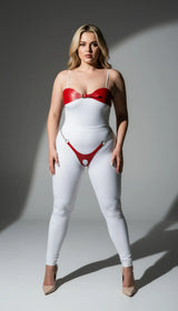 Crotchless Tanga & Bust Overlay Set, Adjustable, Open-Crotch Thong Bodypiece with Chain, Leather Lingerie Set