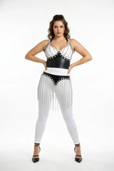 Chain Fringe Hip Belt & Underbust Chest Harness, Faux Leather Tassel Skirt, Festival Rave Wear