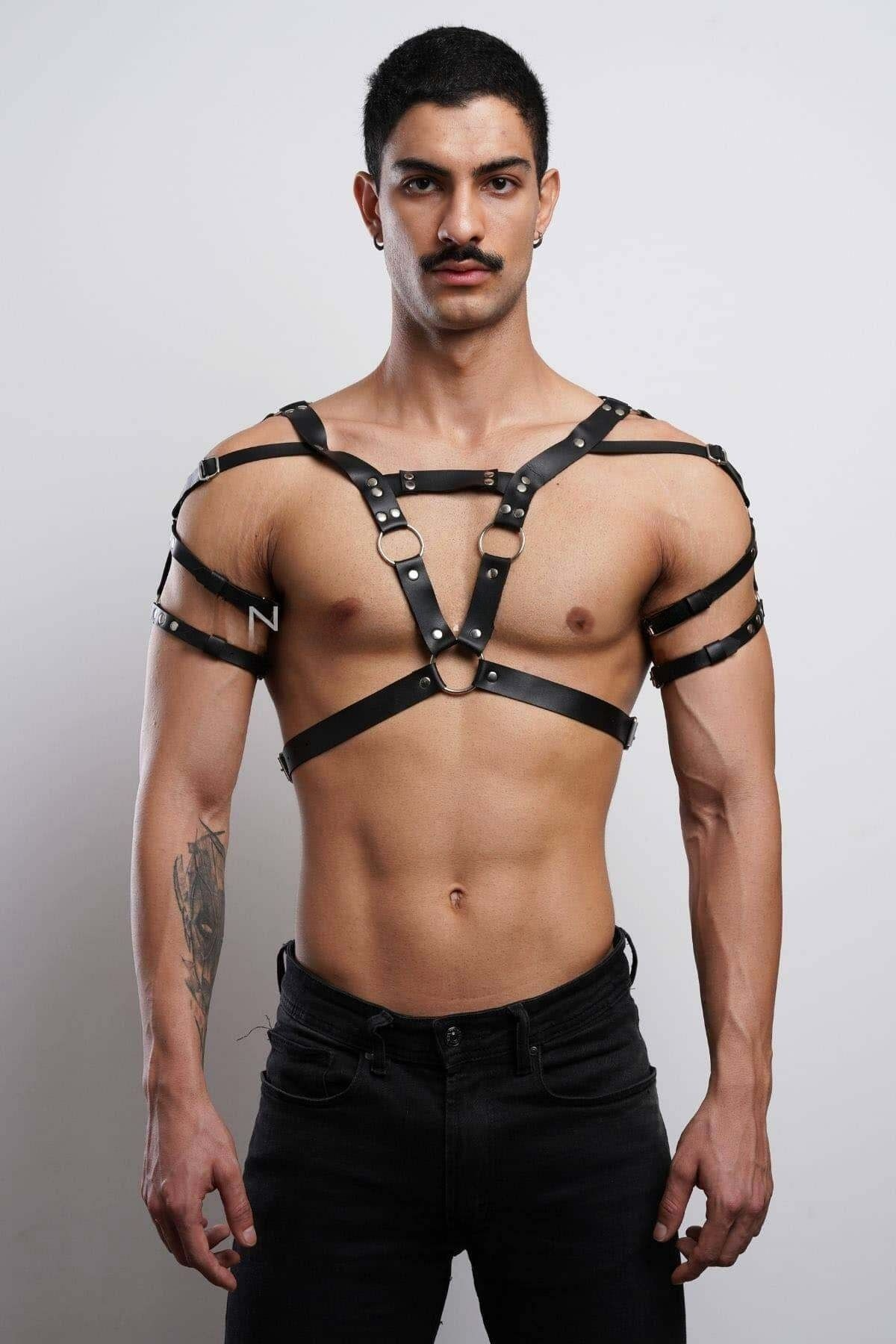 Men’s Leather Chest & Shoulder Strap Harness, Male Body-Strap (Black / Red)