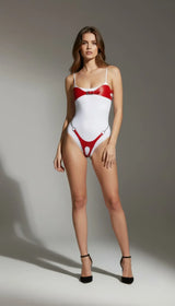 Crotchless Tanga & Bust Overlay Set, Adjustable, Open-Crotch Thong Bodypiece with Chain, Leather Lingerie Set