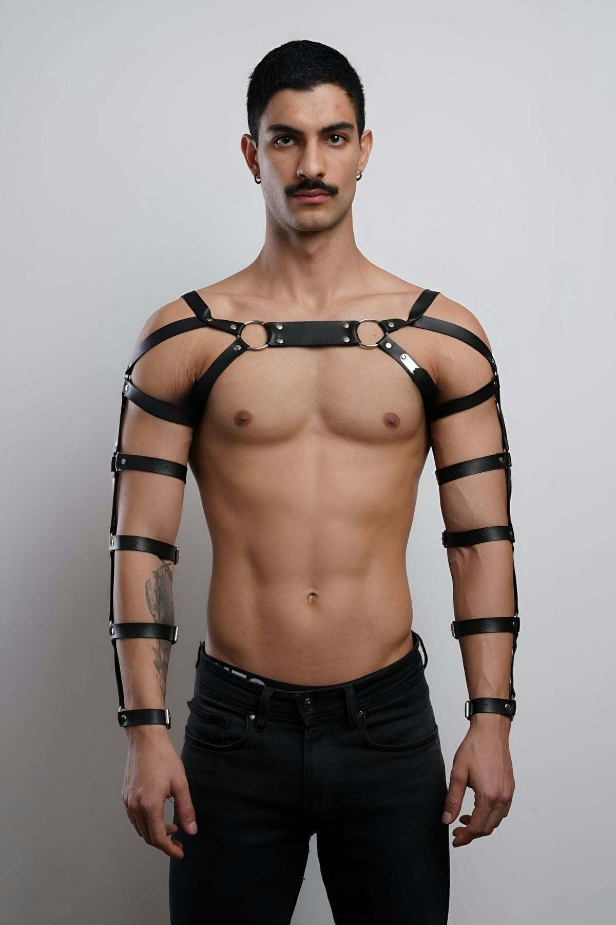 Men Leather Arm & Chest Harness, Sculpted Cage Bodice