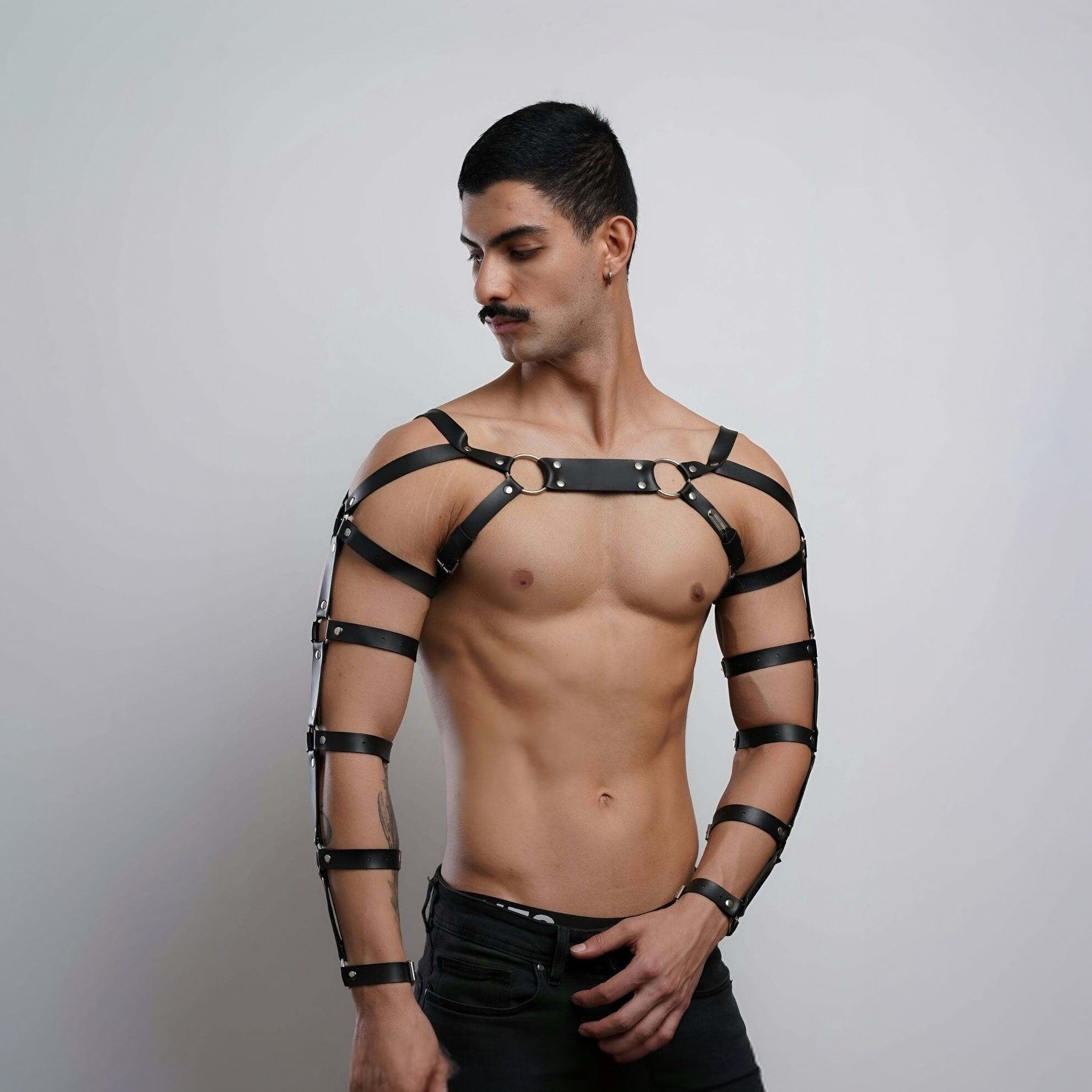 Men Leather Arm & Chest Harness, Sculpted Cage Bodice