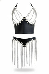Chain Fringe Hip Belt & Underbust Chest Harness, Faux Leather Tassel Skirt, Festival Rave Wear