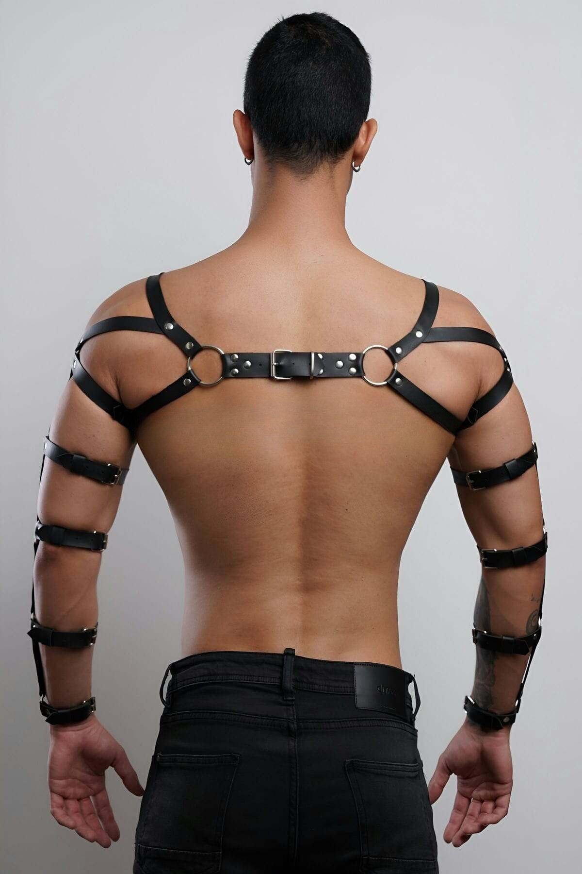 Men Leather Arm & Chest Harness, Sculpted Cage Bodice