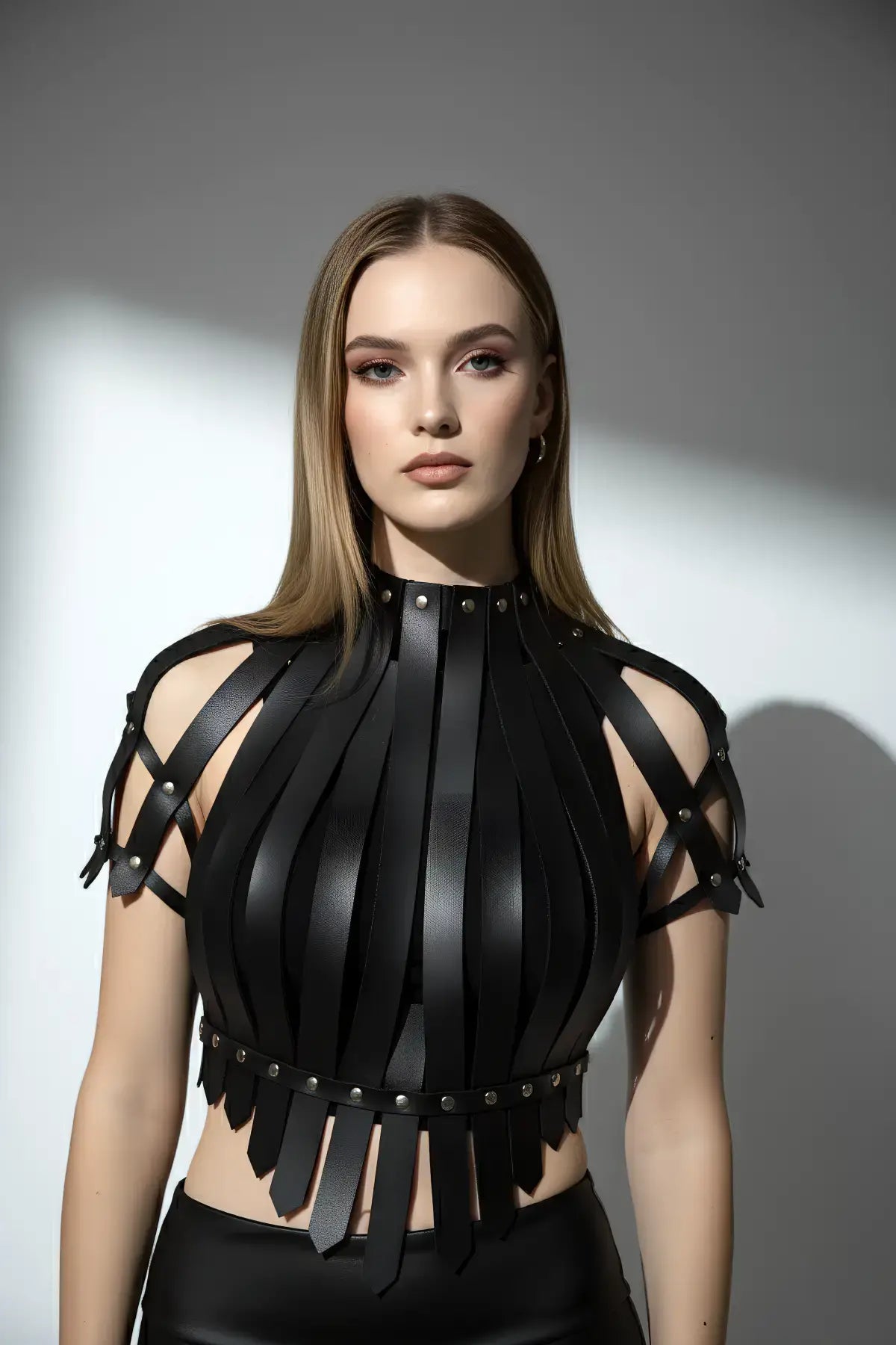 Adjustable Leather Chest & Shoulder Harness, Noir Cage Corset Top