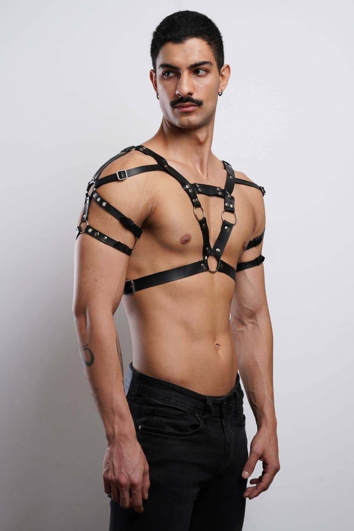 Men’s Leather Chest & Shoulder Strap Harness, Male Body-Strap (Black / Red)