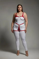 Chain-Trim Vegan Leather Lingerie Set – Open Bust Chest Harness with Open Crotched Panties