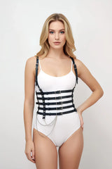 Five-Row Underbust Corset Harness With Chain Fringe: Faux Leather, Adjustable Straps