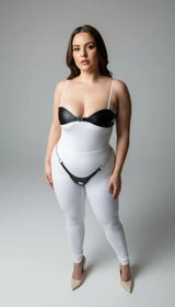 Crotchless Tanga & Bust Overlay Set, Adjustable, Open-Crotch Thong Bodypiece with Chain, Leather Lingerie Set