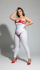 Crotchless Tanga & Bust Overlay Set, Adjustable, Open-Crotch Thong Bodypiece with Chain, Leather Lingerie Set