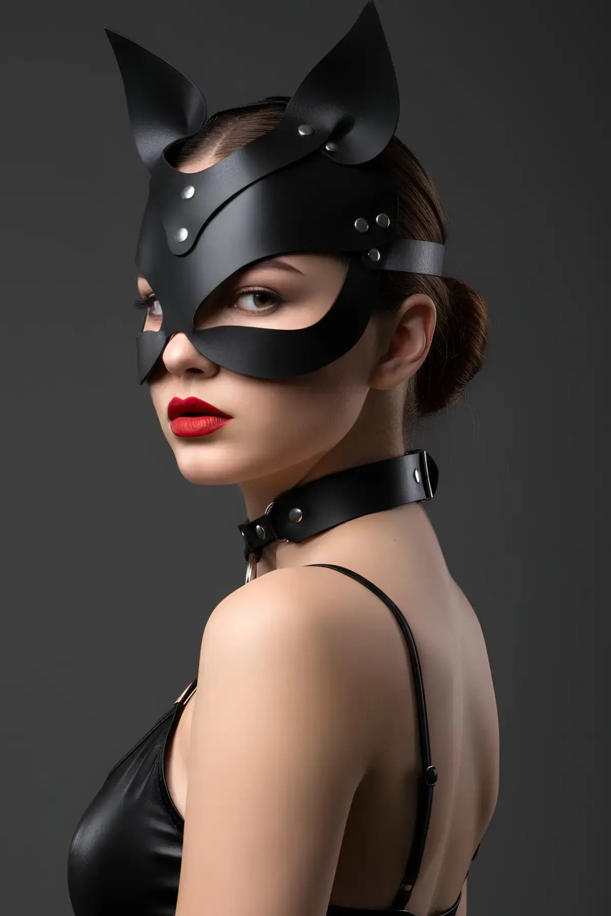 Cat-Ear Leather Mask & O-Ring Choker Set, Masquerade Kitty Mask-Choker