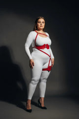 Sculpted Chest Overlay & Asymmetric Waist Set, Vegan Leather Bust Top with Thigh Harness