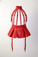 Caged Harness Pleated Mini Skirt, Adjustable High-Waist Festival Cage Mini-Skirt with Straps