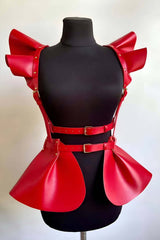 Peplum Harness Top with Sculpted Ruffle Shoulders, Faux Leather Peplum Belt Skirt, Festival Dress