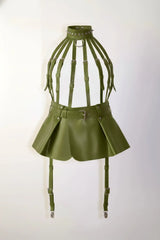 Caged Harness Pleated Mini Skirt, Adjustable High-Waist Festival Cage Mini-Skirt with Straps