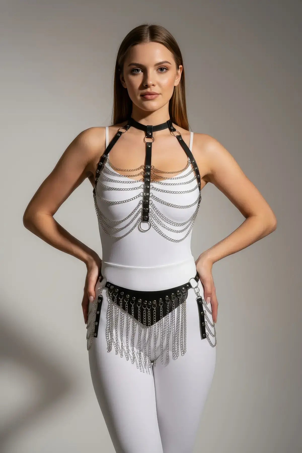 Adjustable Leather Chain Fringe Hip Belt & Chest Harness