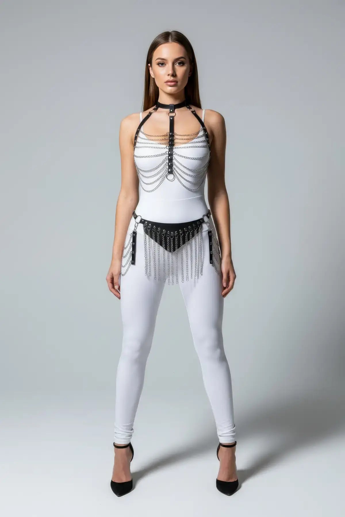 Adjustable Leather Chain Fringe Hip Belt & Chest Harness