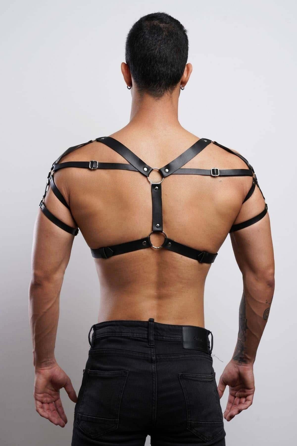 Men’s Leather Chest & Shoulder Strap Harness, Male Body-Strap (Black / Red)