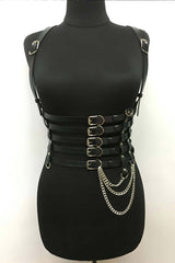 Five-Row Underbust Corset Harness With Chain Fringe: Faux Leather, Adjustable Straps