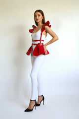 Peplum Harness Top with Sculpted Ruffle Shoulders, Faux Leather Peplum Belt Skirt, Festival Dress
