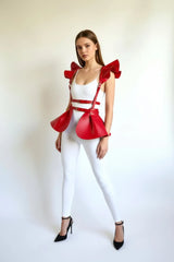 Peplum Harness Top with Sculpted Ruffle Shoulders, Faux Leather Peplum Belt Skirt, Festival Dress